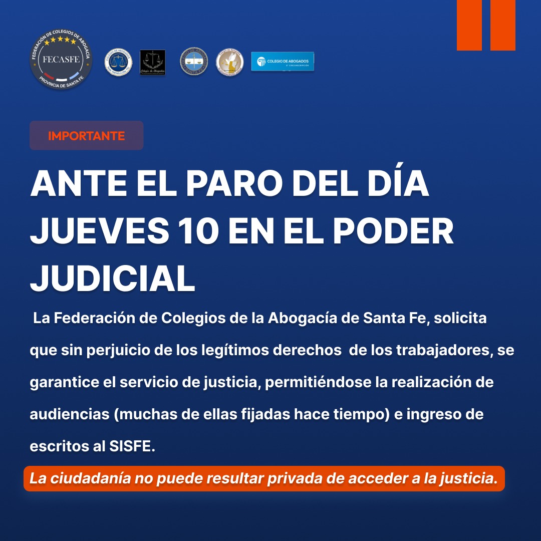 Importante: Ante el PARO del día Jueves 10 en el Poder Judicial